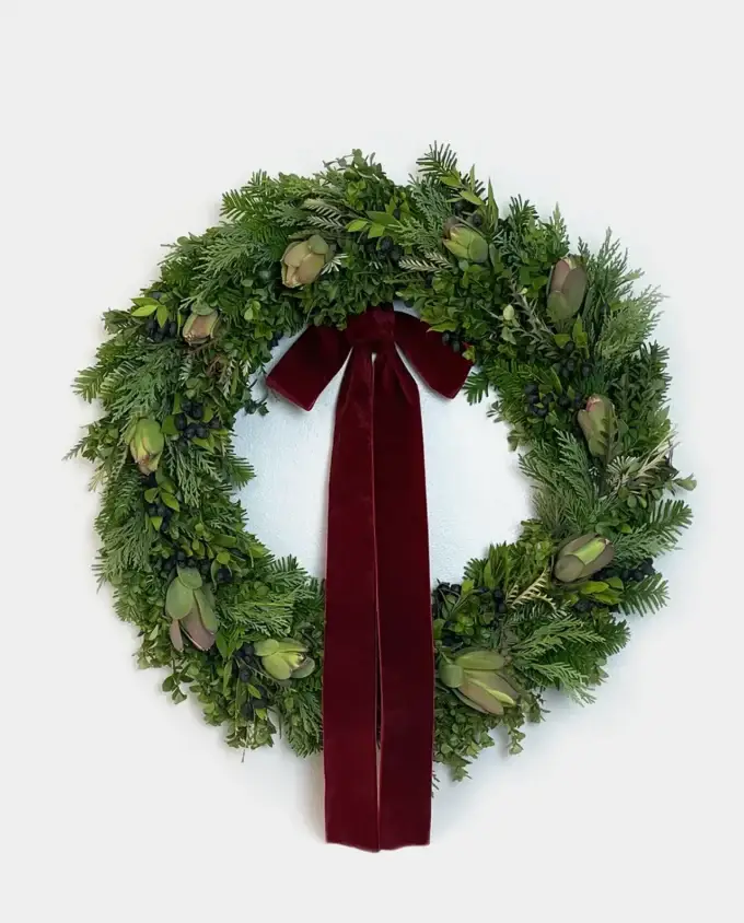 boxwood-leucadendron-wreath-burgundy-bow