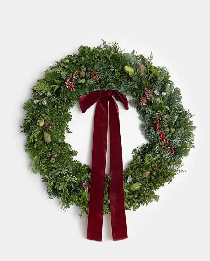 boxwood-noble-fir-berries-wreath-burgundy-bow