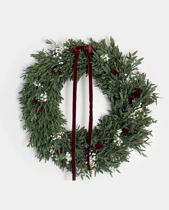 eucalyptus-gypsophilia-holiday-wreath-burgundy-bow-top