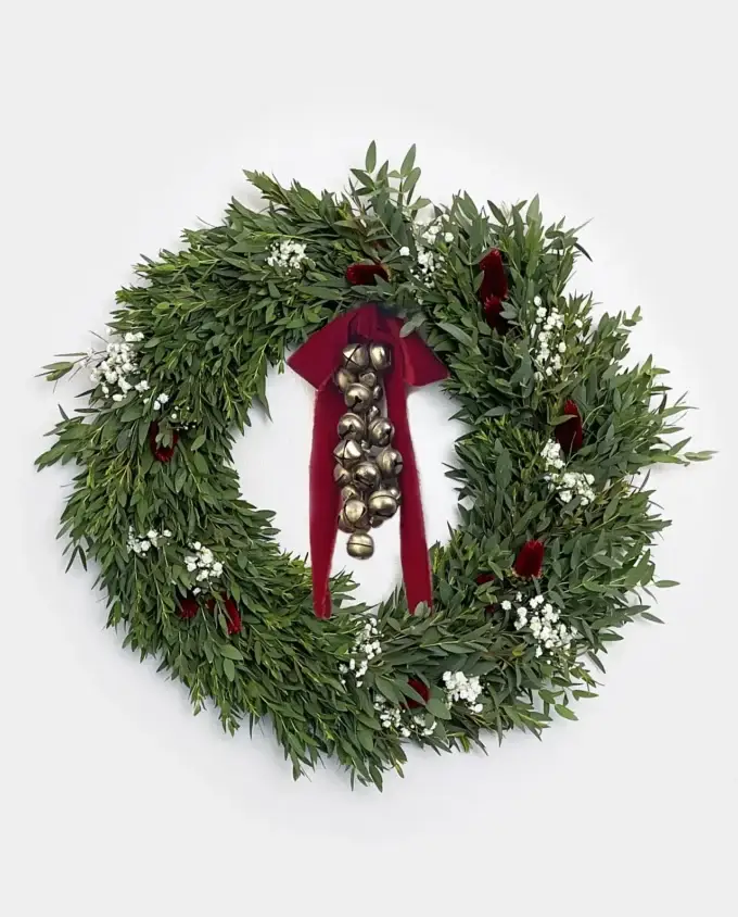 eucalyptus-gypsophilia-holiday-wreath-red-ribbon-sleigh-bells