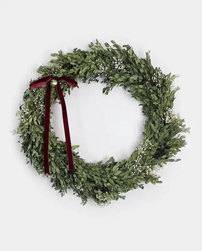 eucalyptus-gypsophilia-holiday-wreath-wine-ribbon-bell