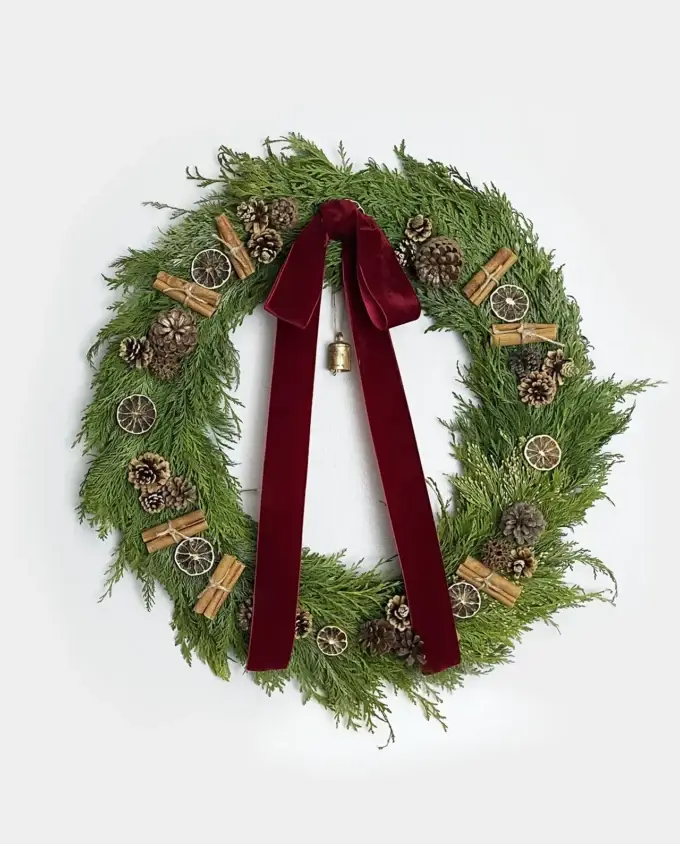 pinecone-lime-wreath-burgundy-ribbon-bell