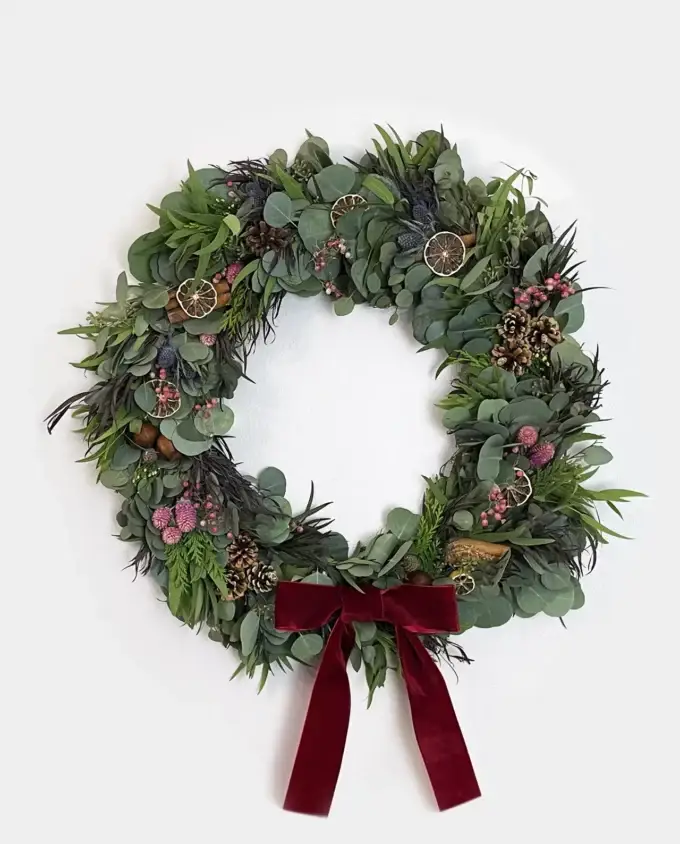 woodland-wreath-burgundy-ribbon